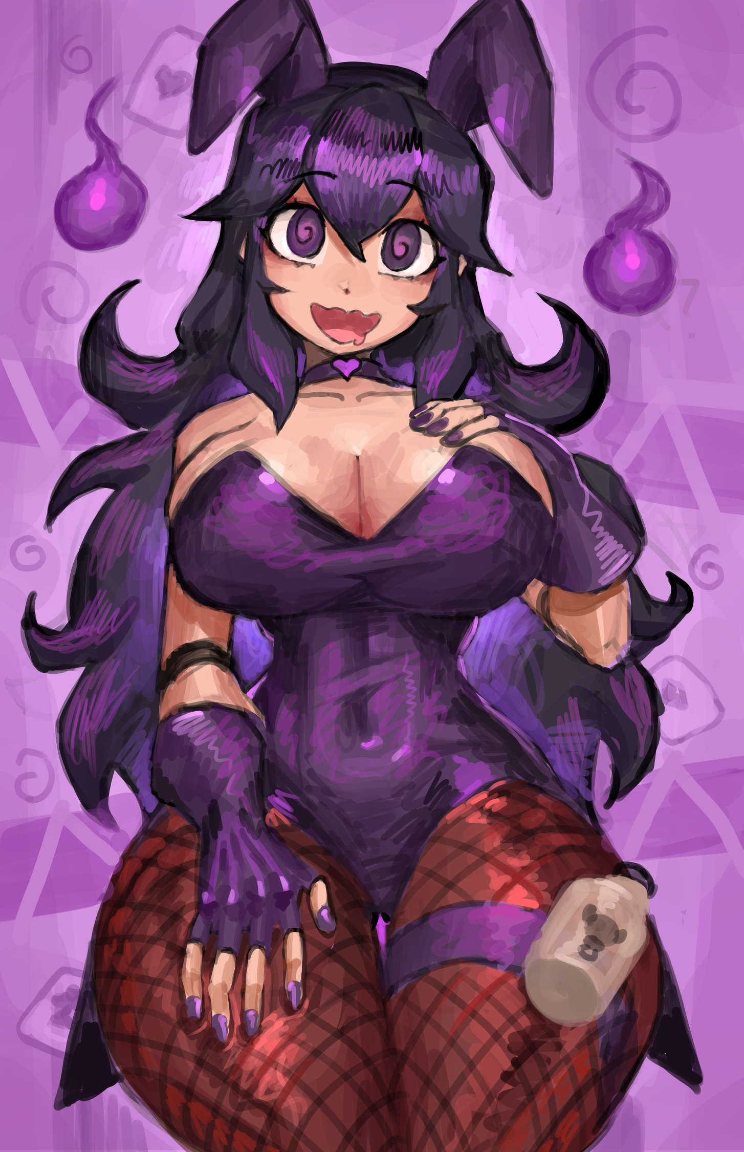 1girls @_@ breasts bunny_ears bunnysuit cleavage female female_focus female_only fishnet_legwear fishnets hex_maniac hi_res huge_breasts large_breasts light-skinned_female light_skin nintendo pokemon saiykik solo thick_thighs thighs wide_hips