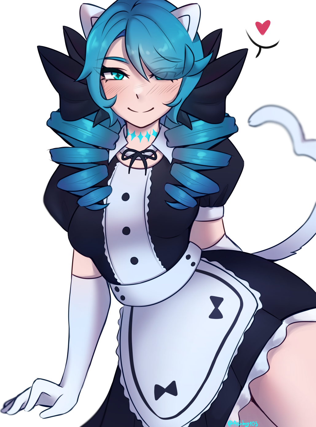 ashhy blue_eyes blue_hair blush blush cat_ears cat_maid cat_tail catgirl catmaid gwen gwen_(league_of_legends) heart league_of_legends league_of_legends:_wild_rift maid