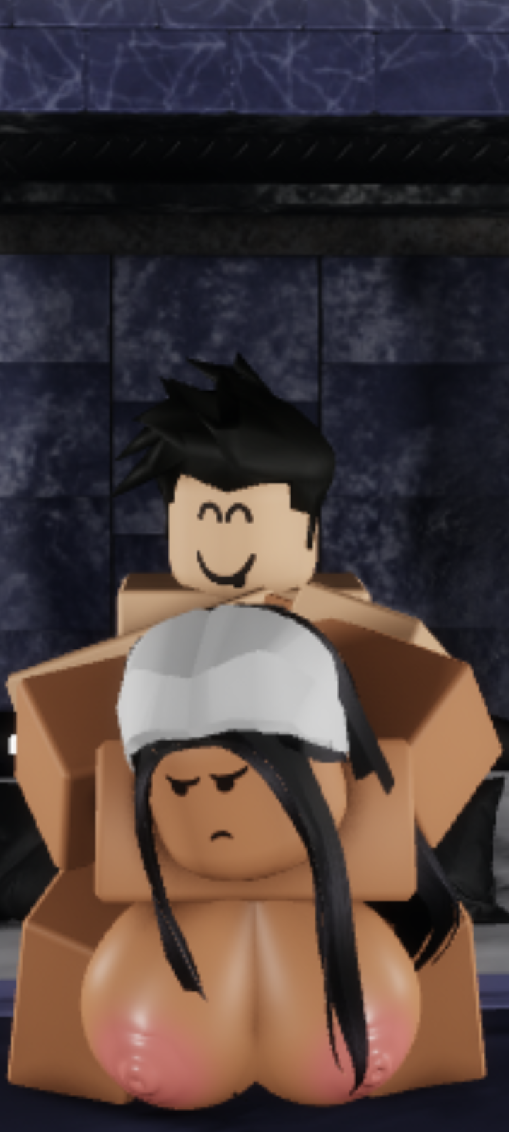 black_hair close-up dark-skinned_female grabbing_back roblox roblox_avatar roblox_condo roblox_studio robloxian white_skinned_male