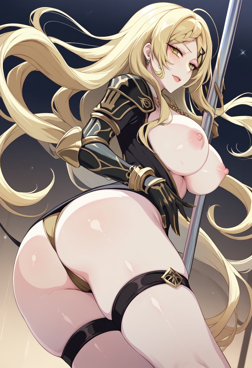 ai_generated ass blonde_female blonde_hair breasts breasts_out dancing drag-on_dragoon_3 drakengard_3 five_(drag-on_dragoon) five_(drakengard) gauntlets large_breasts long_hair pale-skinned_female pole pole_dancing seductive shoulder_armor topless yellow_eyes