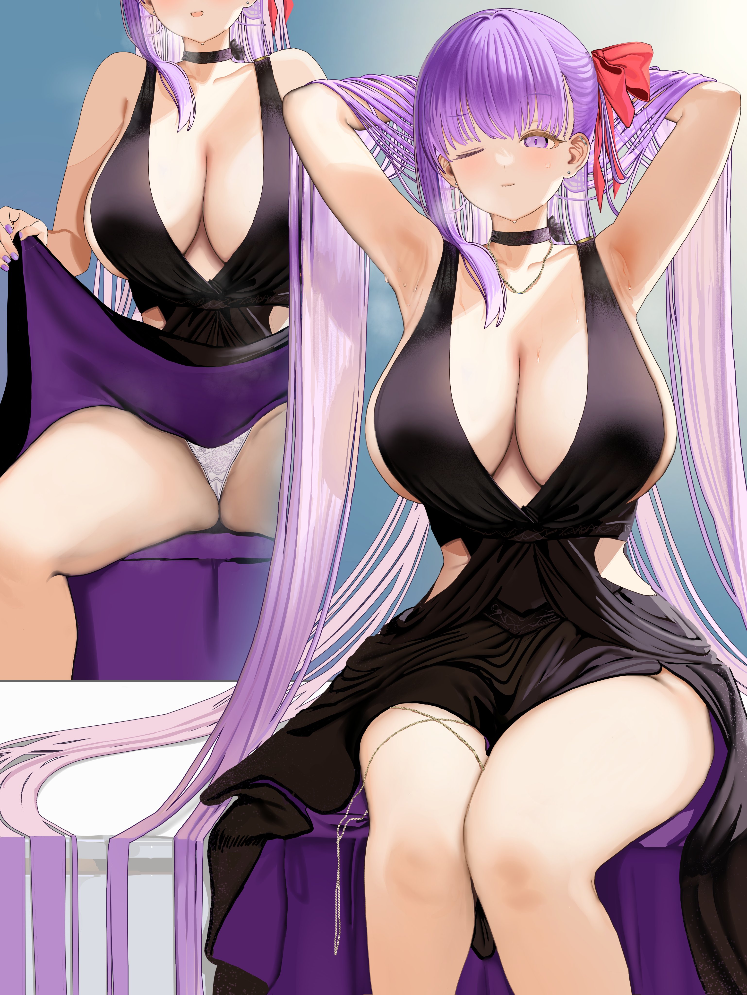 1girls, absurdres, armpits, bare arms, bare shoulders, bb (fate), bb (fate/extra), black choker, black dress, blush, breasts, choker, cleavage, closed mouth, clothes lift, commentary, dress, dress lift, ear piercing, fate (series), fate/extra, fate/grand order, female, hair ornament, highres, large breasts, long hair, looking at viewer, multiple views, one eye closed, panties, parted lips, piercing, purple eyes, purple hair, sideboob, sitting, sleeveless, sleeveless dress, spread legs, sumida bunchou, thighs, underwear, very long hair, white panties