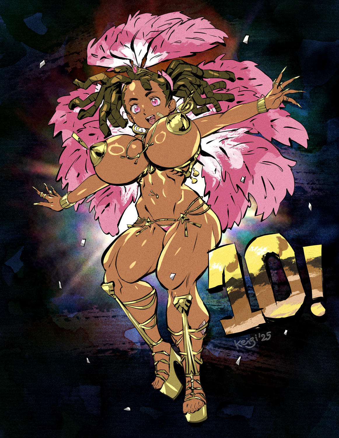 basquash!, big breasts, black hair, breasts, carnival, carnival outfit, covered nipples, dafro-asian, dancing, dark skin, dark-skinned female, female, full body, high heels, huge breasts, keigi (artist), miyuki ayukawa, muscular, muscular female, muscular thighs, nipples covered, pink eyes, thick thighs, tomboy, voluptuous, voluptuous female