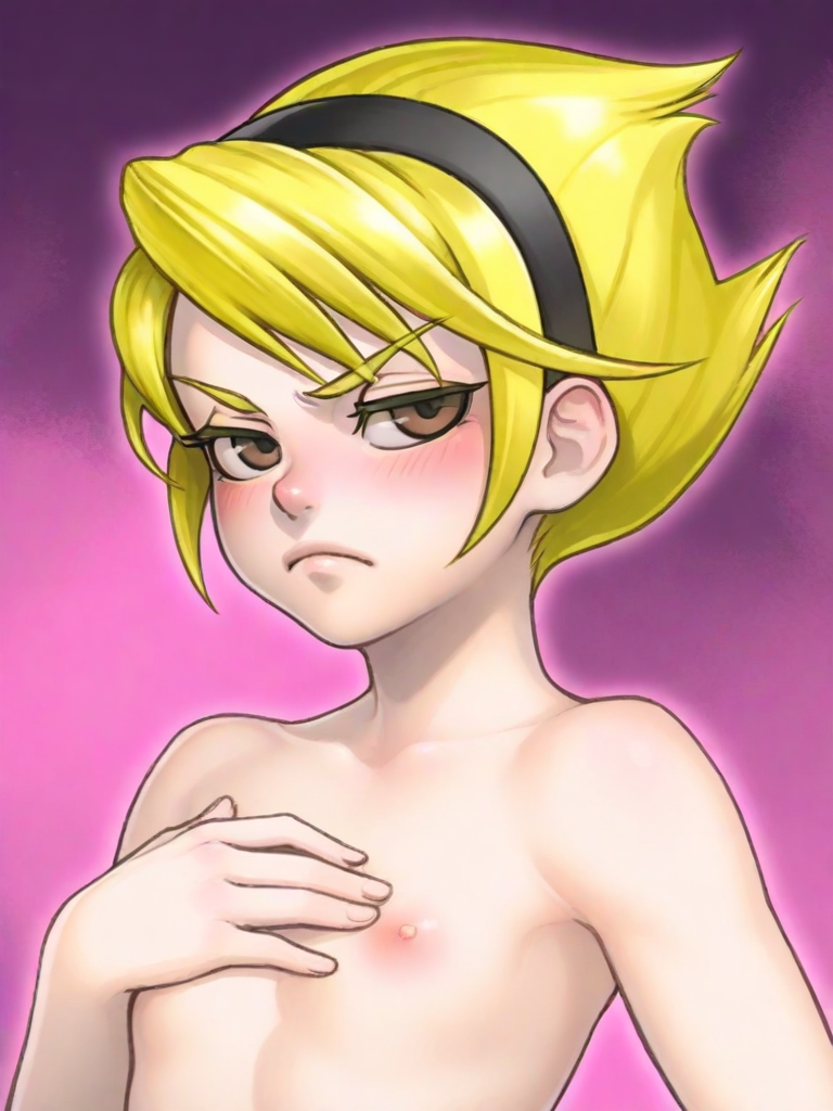 ai_generated black_hairband blonde_hair blush cartoon_network flat_chest frown fusionfall hand_on_chest mandy_(billy_and_mandy) moon nude pink_background short_hair solo the_grim_adventures_of_billy_and_mandy upper_body variant_set