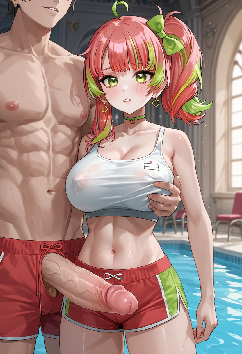 1girls 2025 2d 2d_(artwork) 2girls ai_generated artist_request big_breasts blush breasts crop_top grabbing_breasts green_eyes huge_penis light-skinned_female light-skinned_male light_skin muscular muscular_male pink_hair png pool red_shorts shorts sports_bra tagme toma_(vtuber) vtuber white_sports_bra