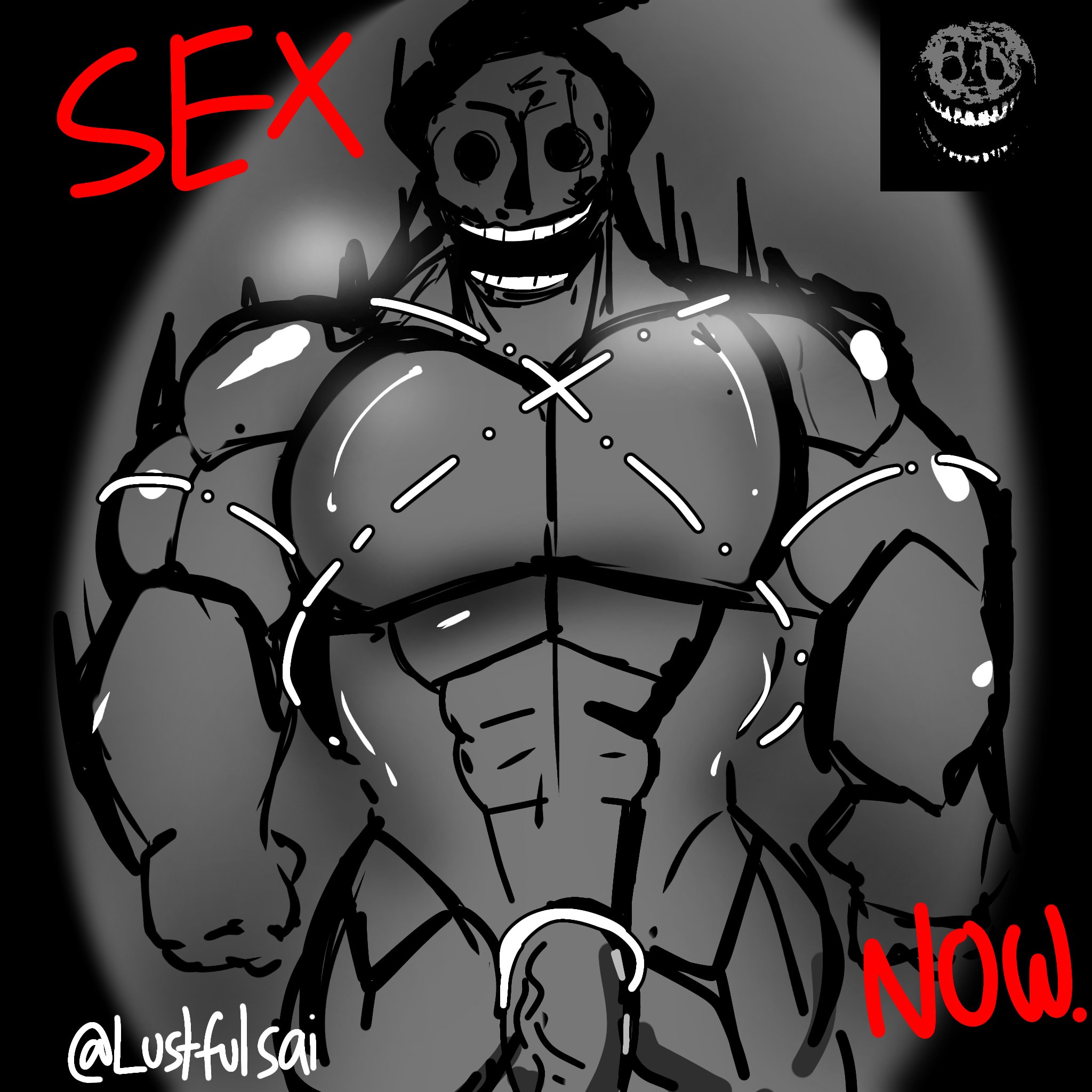 1boy, 2d, bara, doors (roblox), entity, gay, lustfulsai, male, male only, muscular, muscular male, penis, reference image, roblox, roblox game, rush (doors), solo, tagme, veiny penis, yaoi