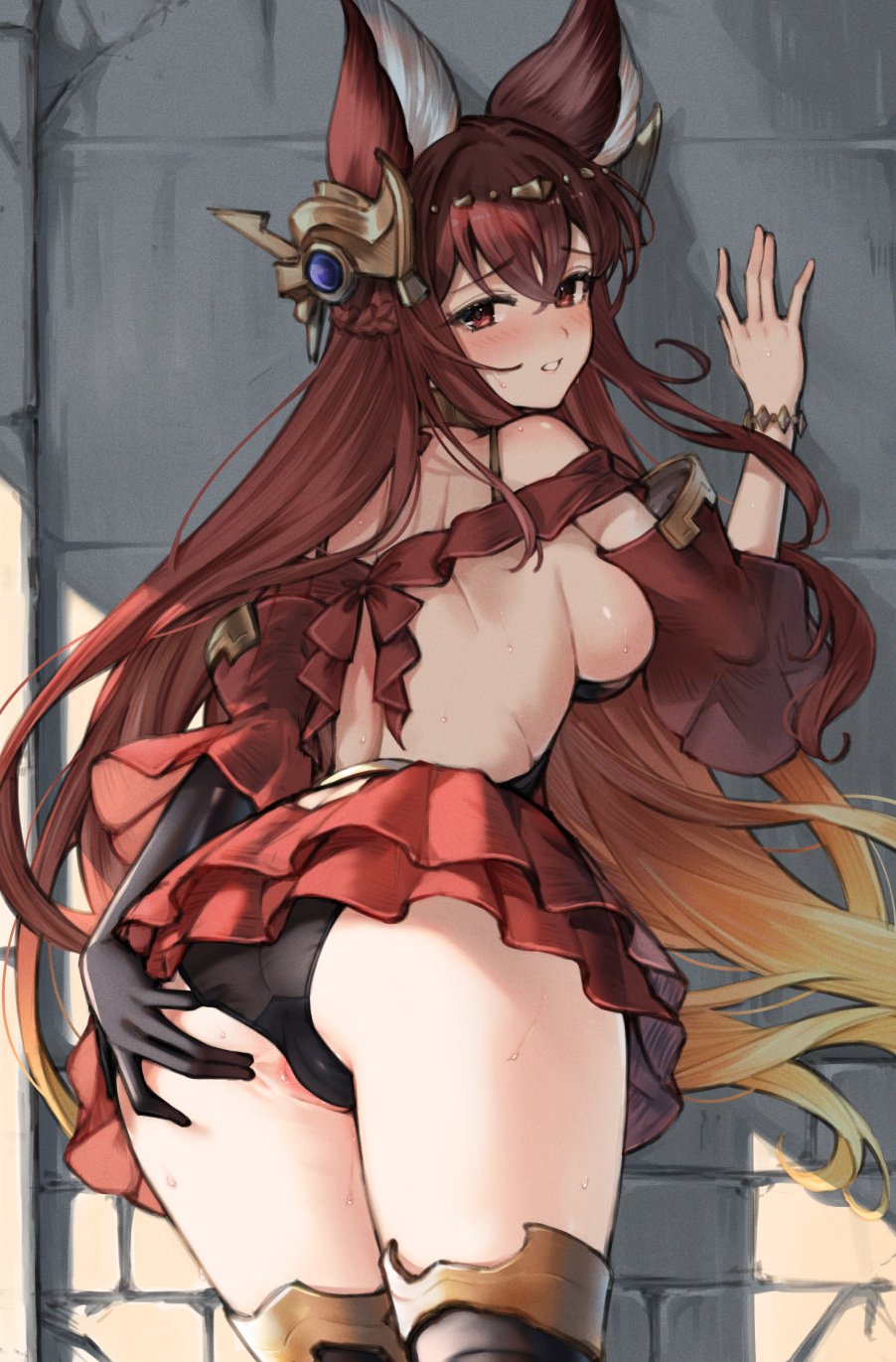 against_wall animal_ears anthuria ass erune exposed_back granblue_fantasy hair_ornament hand_on_butt koretsuki_azuma long_hair medium_breasts multicolored_hair panties red_eyes red_hair sideboob skirt sweat thigh_boots