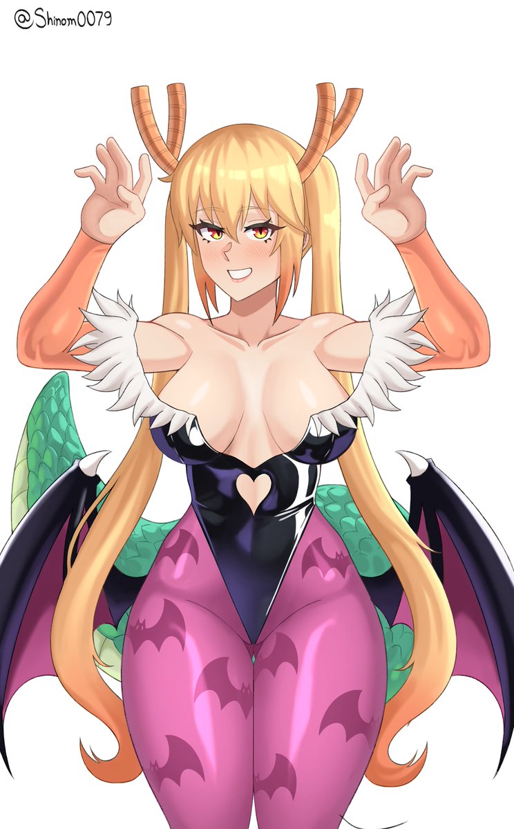 1girls alternate_costume arms_up bat_wings big_breasts blonde_hair blush commission cosplay darkstalkers dragon_girl female front_view horns kobayashi-san_chi_no_maidragon leotard long_hair looking_at_viewer miss_kobayashi's_dragon_maid morrigan_aensland_(cosplay) shinom shinom0079 smile solo tagme tail tohru_(dragon_maid) twintails white_background wide_hips wings