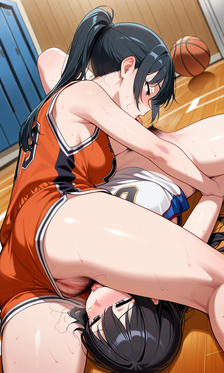 69 69_position ai_generated ass bakaoneechan basket basketball basketball_(ball) basketball_uniform cunnilingus indoors large_breasts lesbian_sex licking licking_pussy locker_room nude pubic_hair sex stable_diffusion yuri