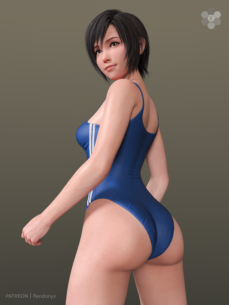 1girls, 3d, ass, black hair, blue one-piece swimsuit, clothing, female, final fantasy, final fantasy vii, human, one-piece swimsuit, pale skin, rendonyx, solo, swimsuit, swimwear, yuffie kisaragi