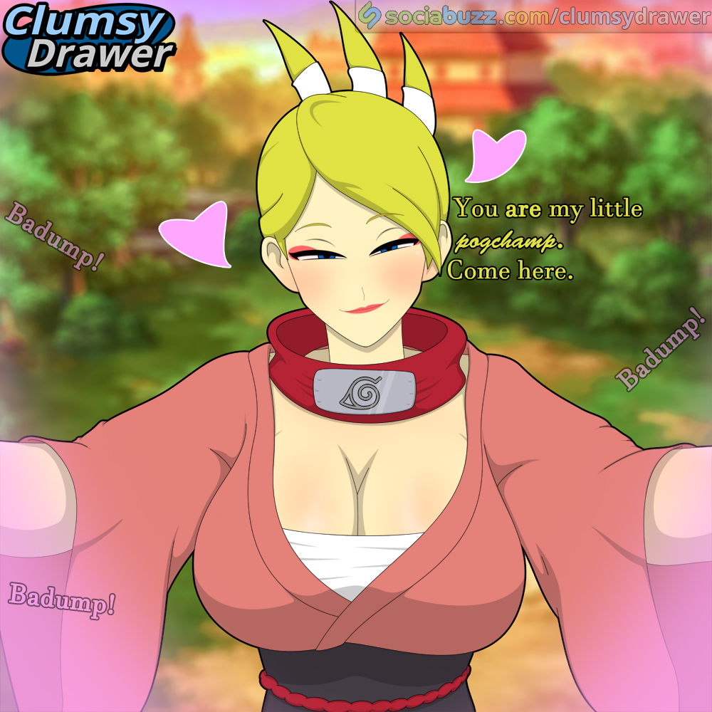 1girls artist_logo bangs blonde_hair blue_eyes blurry blurry_background blush breasts breeze_dancer cleavage clothing clumsydrawer english_language english_text female female_only forehead_protector heart huge_breasts kimono large_breasts lipstick looking_at_viewer makeup mature_female meme my_little_pogchamp_(meme) naruto naruto_online outdoors robe self_upload short_hair smile solo solo_female solo_focus text tied_hair traditional_clothes url wafuku wholesome