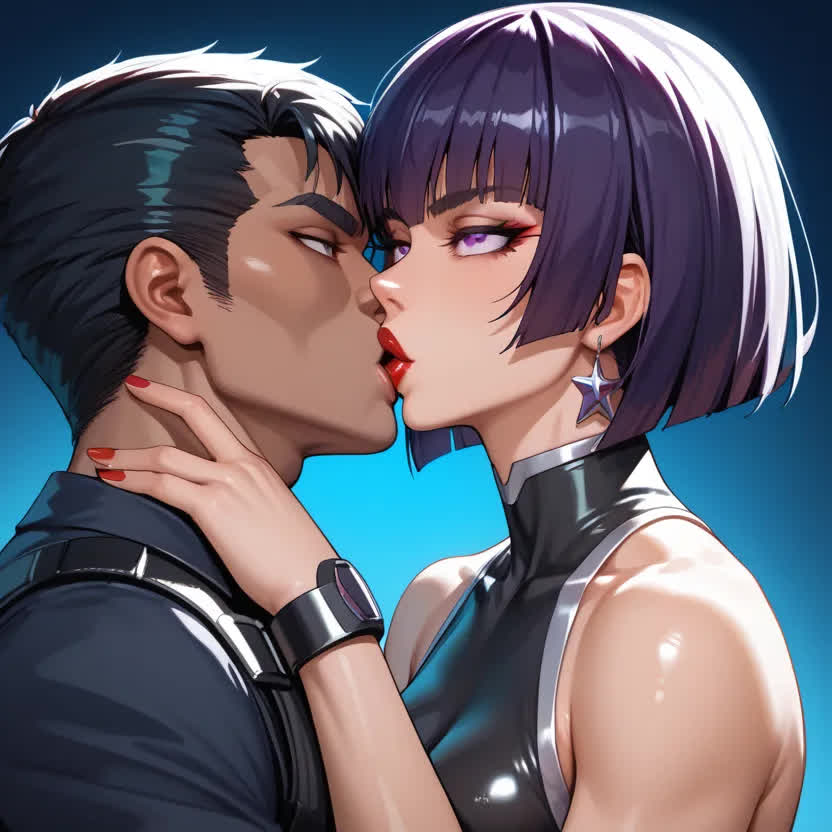 1boy 1girls ai_generated alternate_body_type alternate_costume couple_love edwin_black female kissing kunoichi oboro_(taimanin_asagi) purple_hair rejuvenate short_hair taimanin_(series) taimanin_asagi taimanin_suit