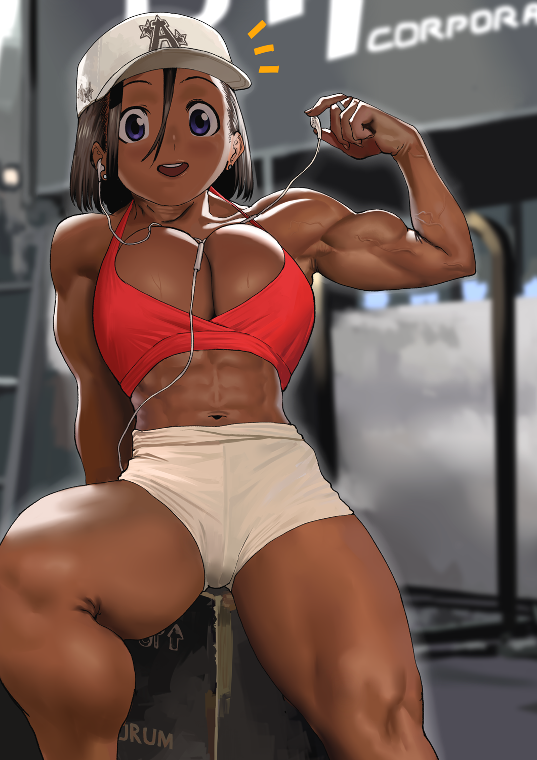 1girls abs arung_samudra_(cessa) baseball_cap biceps black_hair blurry_background cessa cleavage clothed dark-skinned_female dark_skin earbuds female gym hair_between_eyes listening_to_music muscular muscular_female navel photo_background purple_eyes red_sports_bra short_hair shorts solo sports_bra spread_legs sweat thick_thighs thighs veiny veiny_arms white_shorts