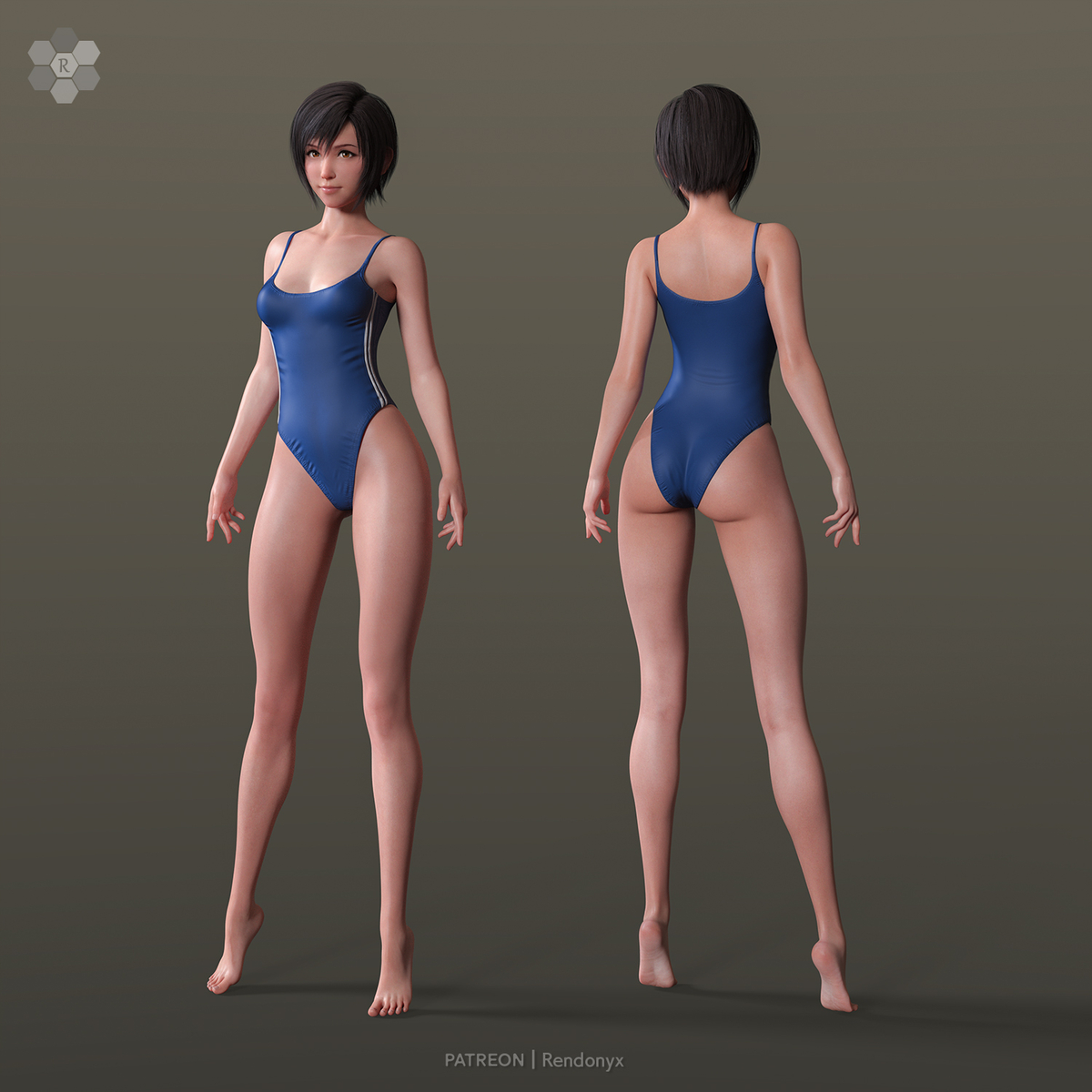 1girls, 3d, black hair, blue one-piece swimsuit, clothing, female, final fantasy, final fantasy vii, human, one-piece swimsuit, pale skin, rendonyx, solo, swimsuit, swimwear, yuffie kisaragi