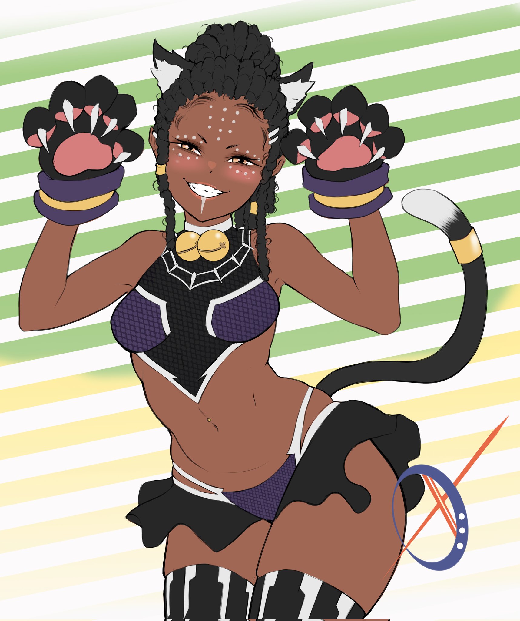 1girls, alternate skin color, alternate universe, bell collar, black hair, black nagatoro, black panther (series), blackwashed, borrowed design, breasts, brown hair, cat ears, cat tail, cosplay, crop top, dark skin, dark-skinned female, dreadlocks, fake animal ears, fake tail, female, forehead mark, hayase nagatoro, jingle bell, kemonomimi mode, looking at viewer, marvel, marvel comics, microskirt, multi-strapped panties, navel, navel piercing, panties, paw gloves, paw pose, please don't bully me, nagatoro, purple panties, race swap, ring echs, shortstack, shuri (marvel), small breasts, solo, tail, tail ring, thighhighs, thighs, wide hips