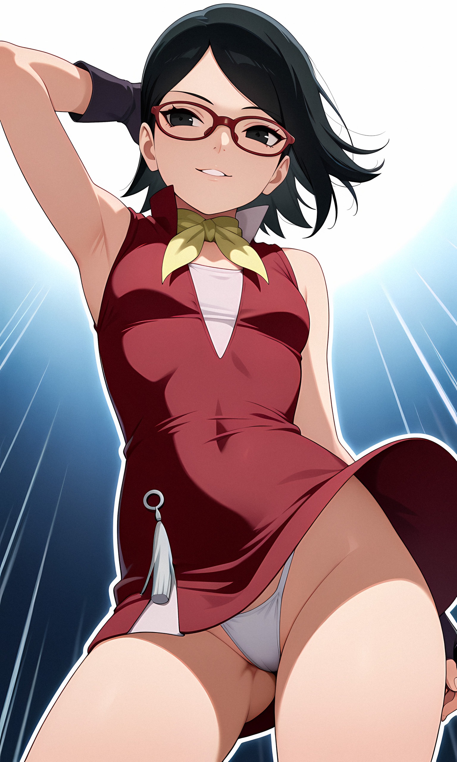 1girls, aged up, ai generated, alternate costume, boruto: naruto next generations, clothed, clothed female, female, female only, glasses, naruto, naruto (series), sarada uchiha, showing off