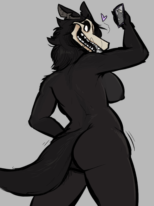 anthro ass black_body black_fur black_hair bone breasts canid canine electronics female fur hair keadonger looking_back malo mammal medium_breasts nipples phone rear_view scp-1471 scp-1471-a scp_foundation simple_background skull solo standing undead