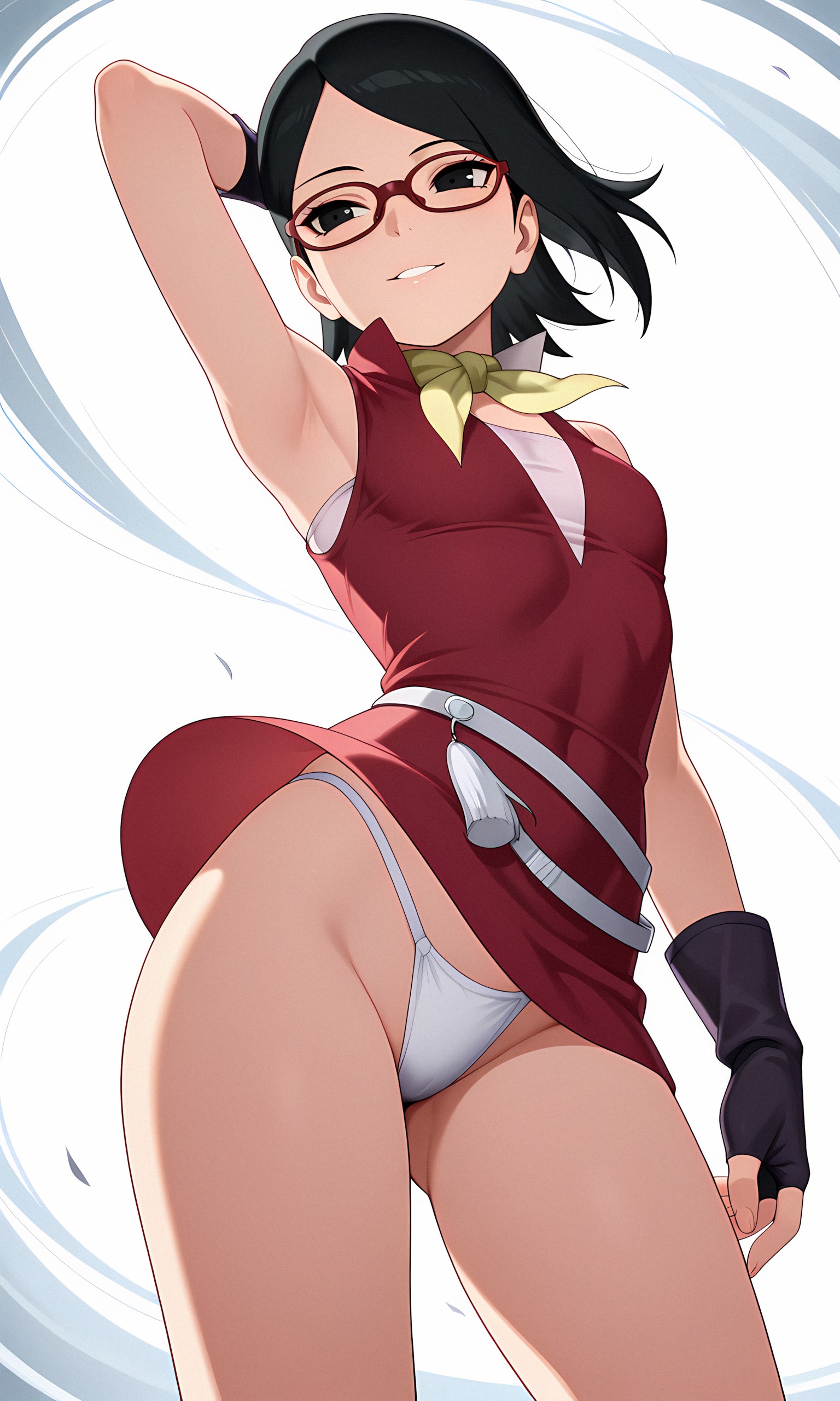 1girls, aged up, ai generated, alternate costume, boruto: naruto next generations, clothed, clothed female, female, female only, glasses, naruto, naruto (series), sarada uchiha, showing off