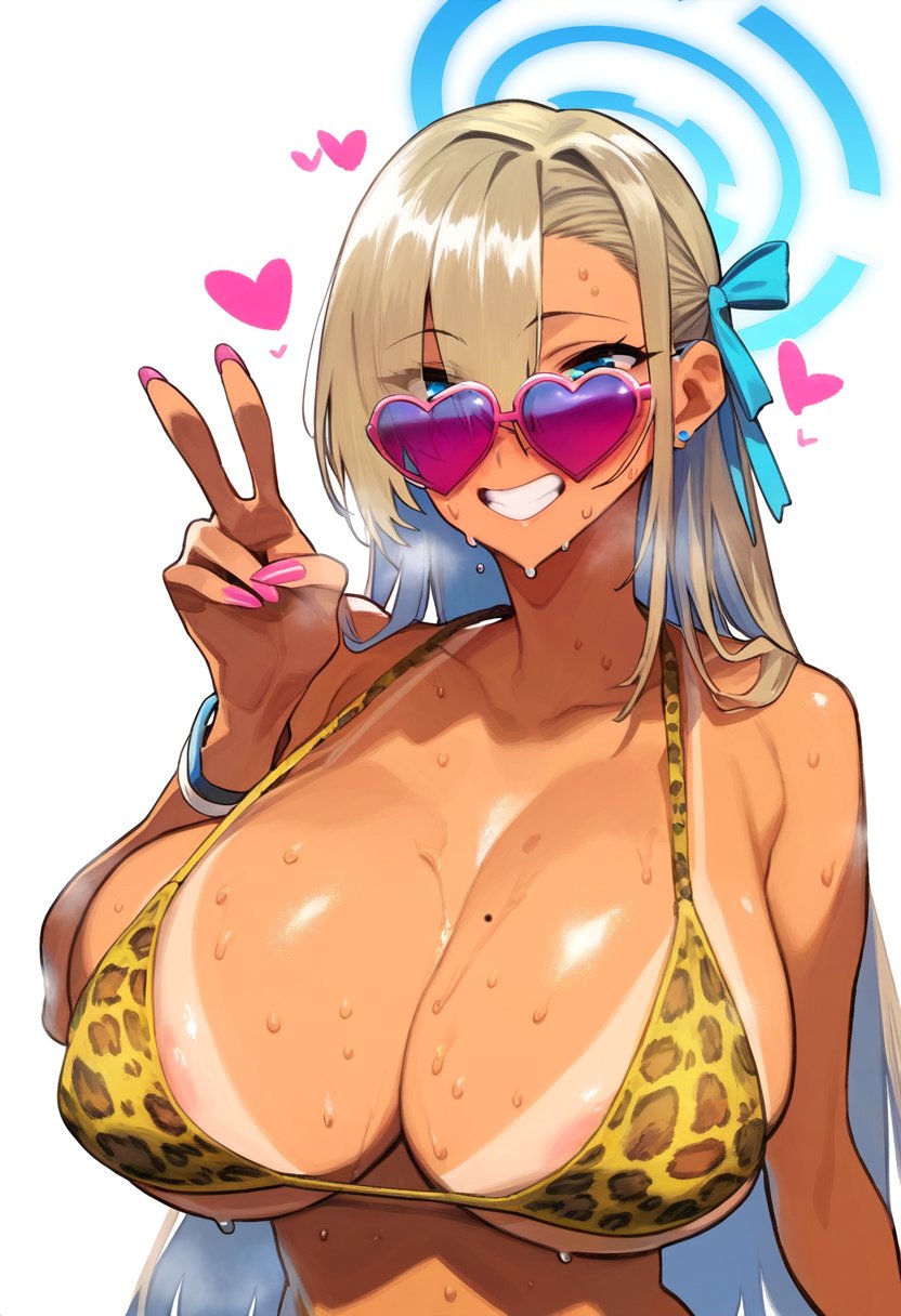 1girls artist_request asuna_(blue_archive) big_breasts blue_archive gyaru halo heart_sunglasses leopard_print_bikini mole_on_breast nipples_visible_through_clothing peace_sign sweating tanned_female tanned_skin v_sign