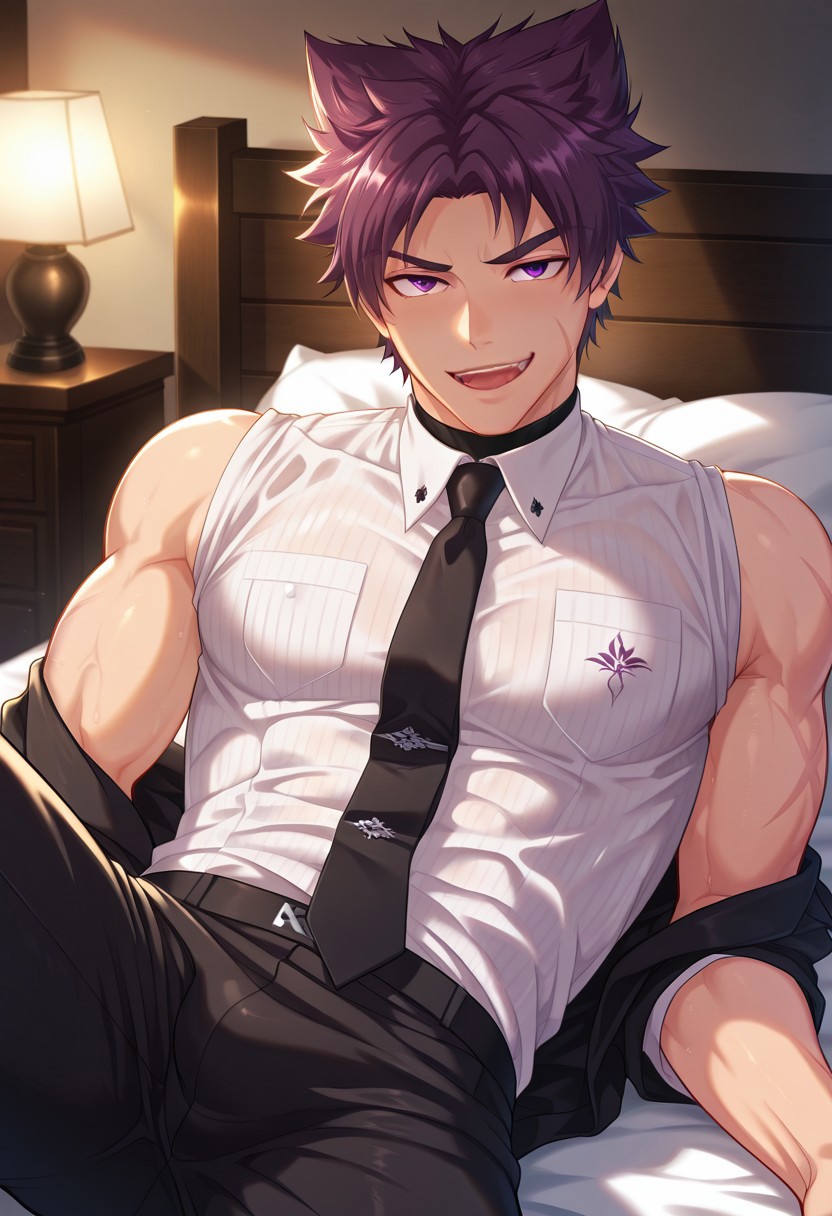 anime anime_boy bed bedroom blush camp_buddy cat_ears clothed hands_behind_head horny horny_male laying_down laying_on_bed looking_at_viewer night nighttime no_nude pillow pleasure_face purple_eyes purple_hair sexy_body spicyboi suit suit_and_tie teenager tounge_out yoichi_yukimura young yukimura_yoichi