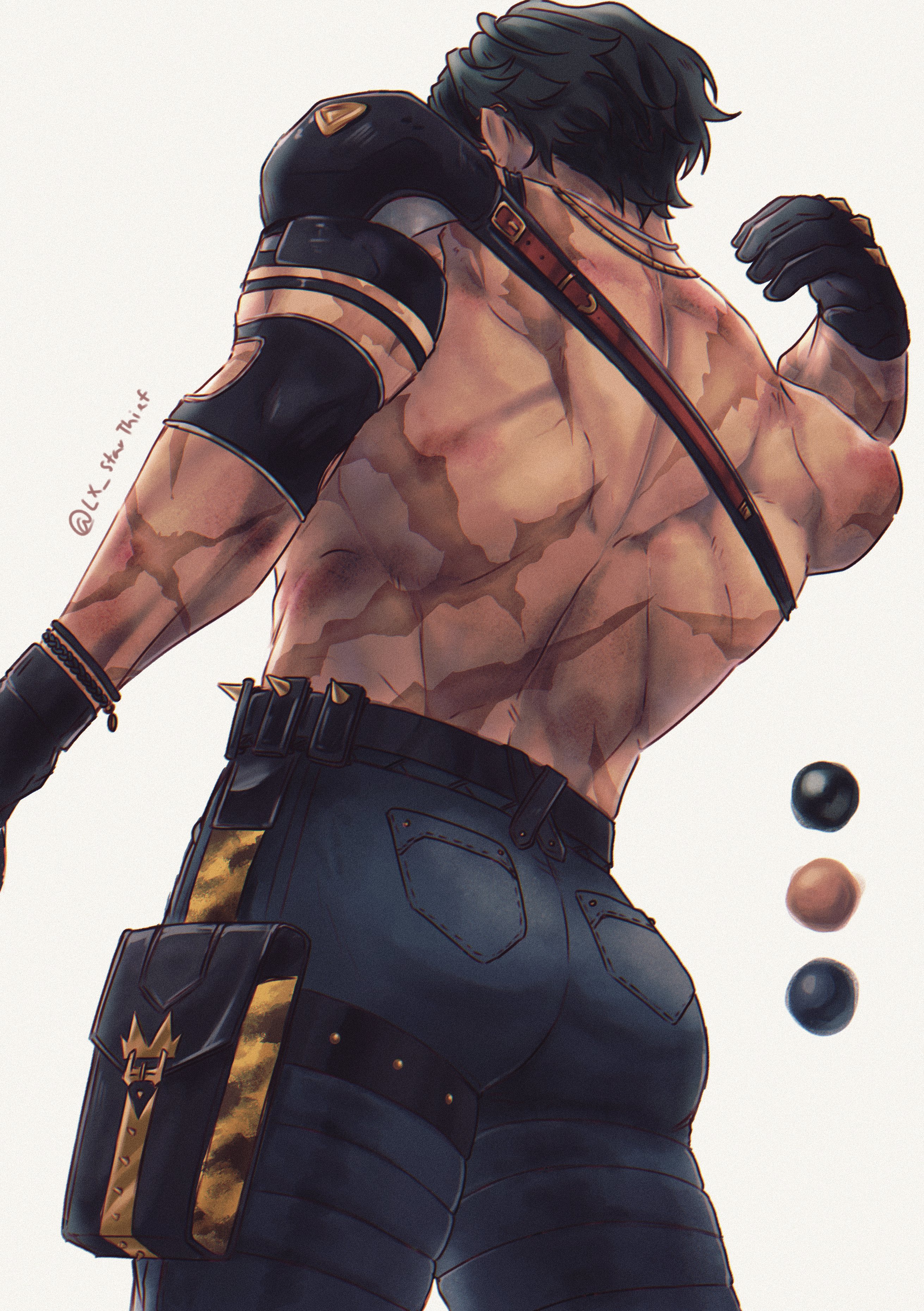 1boy, ass, ass focus, back view, big ass, dark hair, fat ass, gay, lighter (zenless zone zero), male, male only, muscular, muscular back, muscular male, pants only, scars, scars on back, shirtless, shirtless male, solo focus, solo male, tight pants, view from behind, yaoi, zenless zone zero