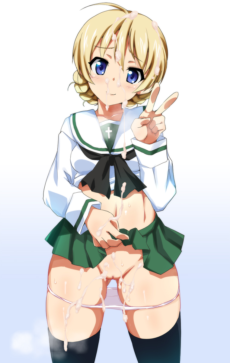 black legwear, blonde hair, blue eyes, blush, bukkake, cameltoe, cum, darjeeling, female, girls und panzer, innie pussy, midriff, ooarai school uniform, ouhashi, panties, panty pull, pussy, school uniform, simple background, skirt, skirt lift, solo, thighhighs, underwear, v, white background, white panties
