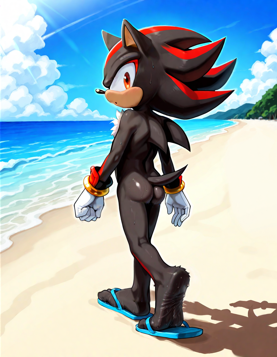 1boy ai_generated ass beach flip_flops foot_fetish furry looking_at_viewer looking_back male male_only shadow_the_hedgehog soles solo sonic_(series) sonic_the_hedgehog_(series) sweaty_ass sweaty_feet walking wrinkled_feet