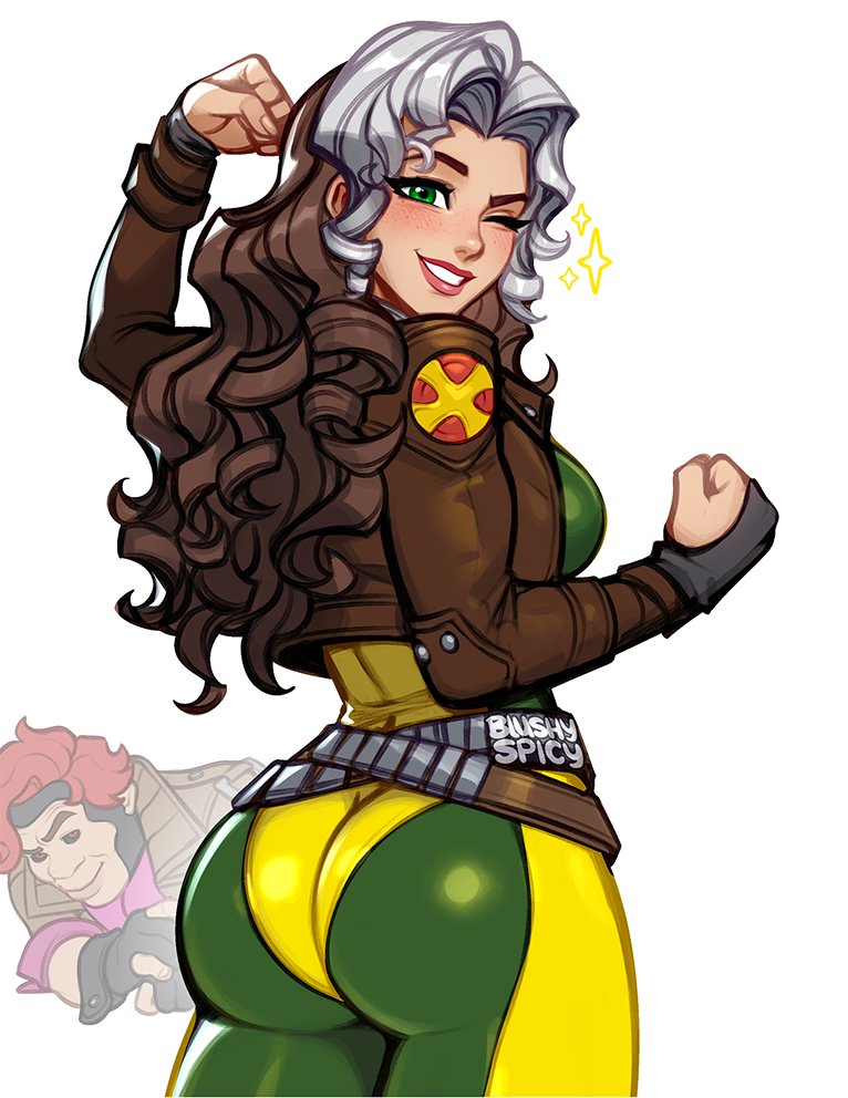 1boy, 1girl, 1girls, 2026, 2d, 2d (artwork), anna marie, artist name, ass, belt, big ass, big breasts, blush, blushypixy, blushyspicy, bodysuit, breasts, brown hair, clenched hand, clothed, clothed female, commentary, cowboy shot, curly hair, english commentary, female, female focus, freckles, freckles on face, gambit, green bodysuit, green eyes, grey hair, jacket, long hair, looking at viewer, looking back at viewer, marvel, marvel comics, marvel rivals, multicolored bodysuit, multicolored hair, one eye closed, parted lips, rogue (x-men), sfw, simple background, smile, solo focus, superhero costume, superheroine, two-tone bodysuit, two-tone hair, white background, white hair, wink, winking at viewer, x-men, yellow bodysuit, yellow clothing