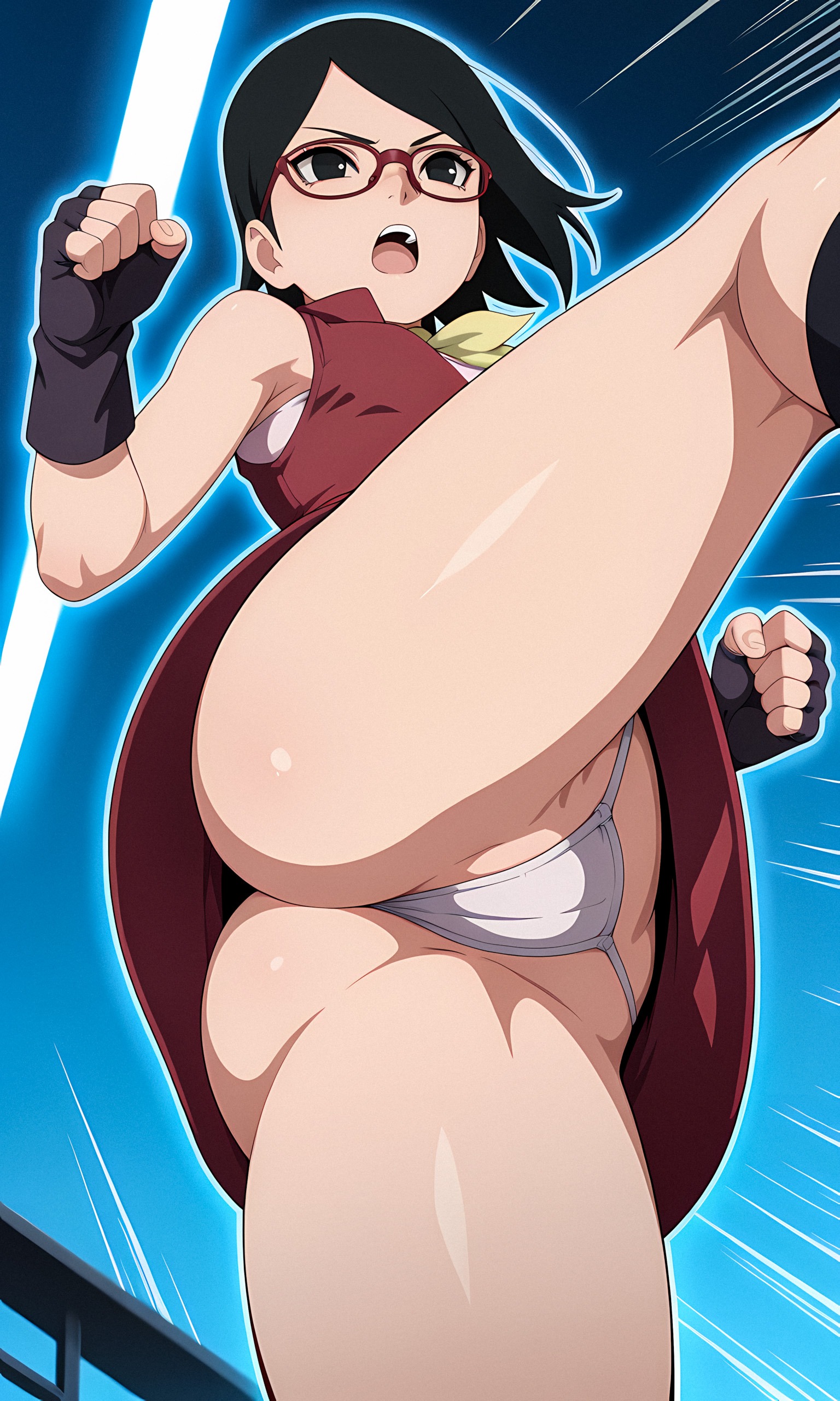1girls, aged up, ai generated, alternate costume, boruto: naruto next generations, clothed, clothed female, female, female only, glasses, naruto, naruto (series), sarada uchiha, showing off