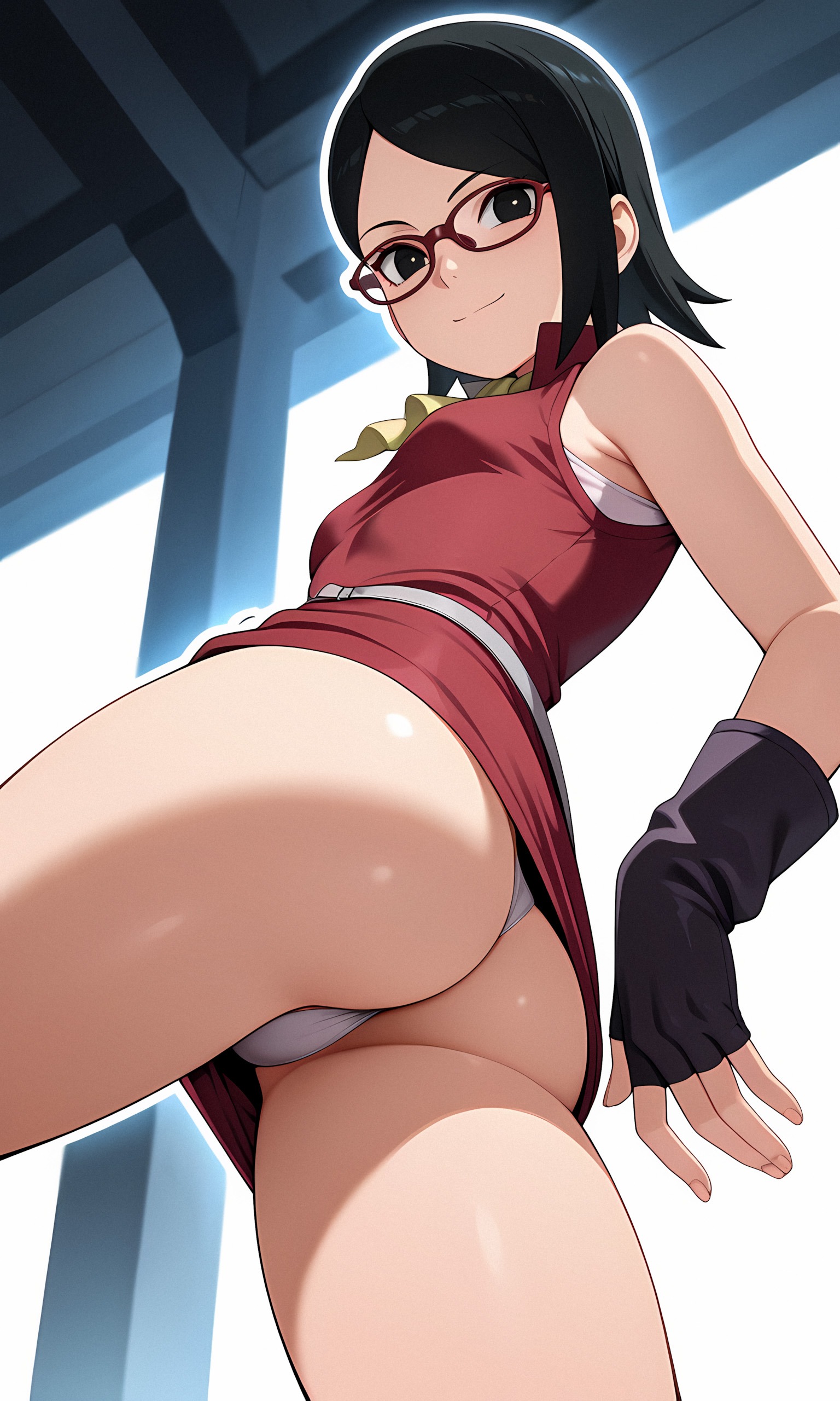 1girls, aged up, ai generated, alternate costume, boruto: naruto next generations, clothed, clothed female, female, female only, glasses, naruto, naruto (series), sarada uchiha, showing ass, showing off