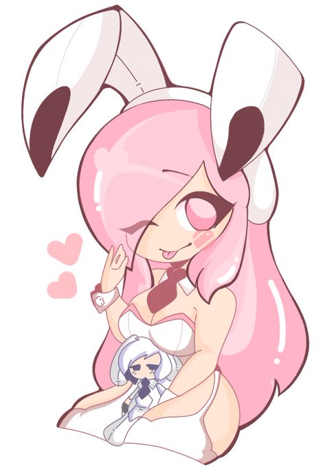 ami_(gwain_saga) bunny_ears bunnysuit chibi cute cute_face eye_visible_through_hair geo_(gwain_saga) geoexe gwain_saga hand_on_hair heart hearts_around_body long_hair pink_eyes pink_hair seabunny_pi tagme tongue tongue_out wink winking