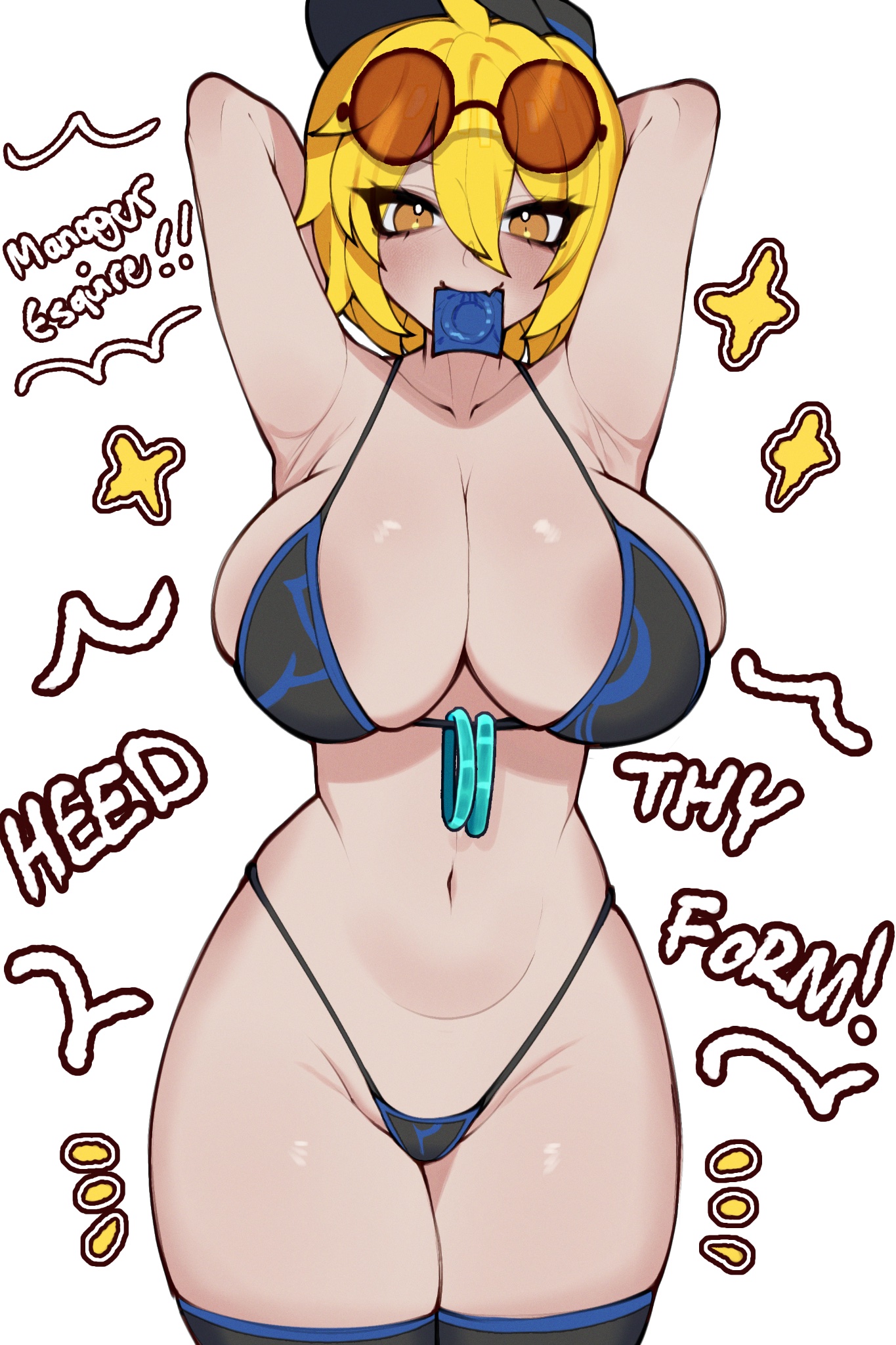 1girls, areola slip, areolae, bikini, blonde hair, blush, breasts, cleavage, condom, condom in mouth, don quixote (limbus company), english text, female, female only, hair between eyes, hat, human, limbus company, navel, oerba yun fang, project moon, renata11033, solo, sunglasses, sunglasses on head, swimsuit, thick thighs, thighhighs, w corp (identity) (project moon), white background, yellow eyes
