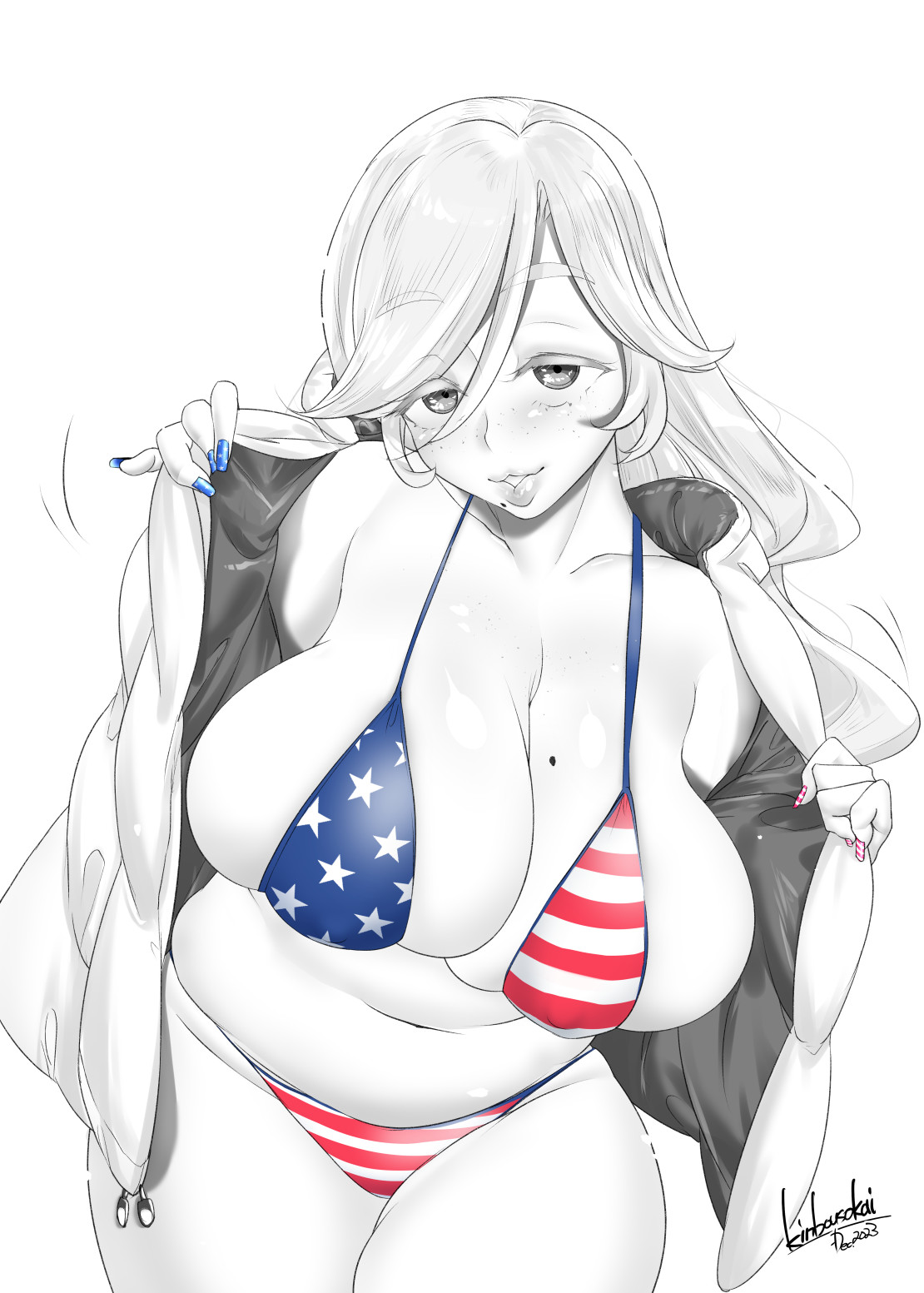 1girls, american flag, american flag bikini, artist request, big breasts, bikini, breasts, busty, curvaceous, curvy, curvy body, curvy female, curvy figure, female, freckles, huge breasts, kinbousokai, large breasts, lips, mole, mole on breast, mole under mouth, original, original character, voluptuous