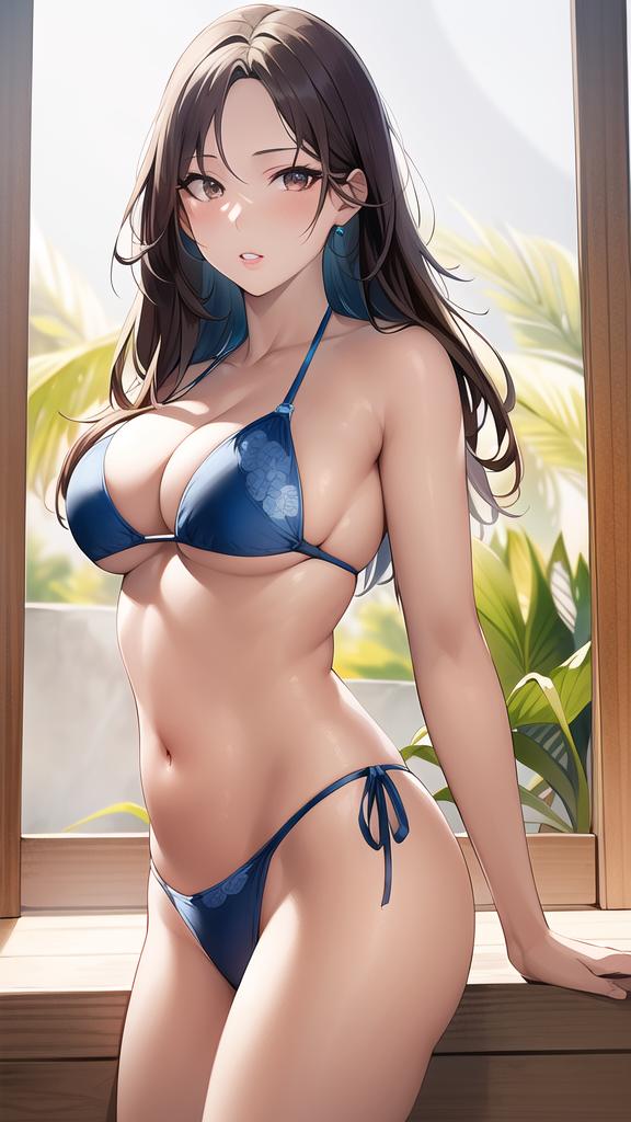 1girls ai_generated ai_mirror belly_button bikini blue_bikini blush brown_eyes brown_hair hand_on_window long_hair looking_at_viewer looking_uncomfortable palm_tree plant small_breasts wall white_skin window