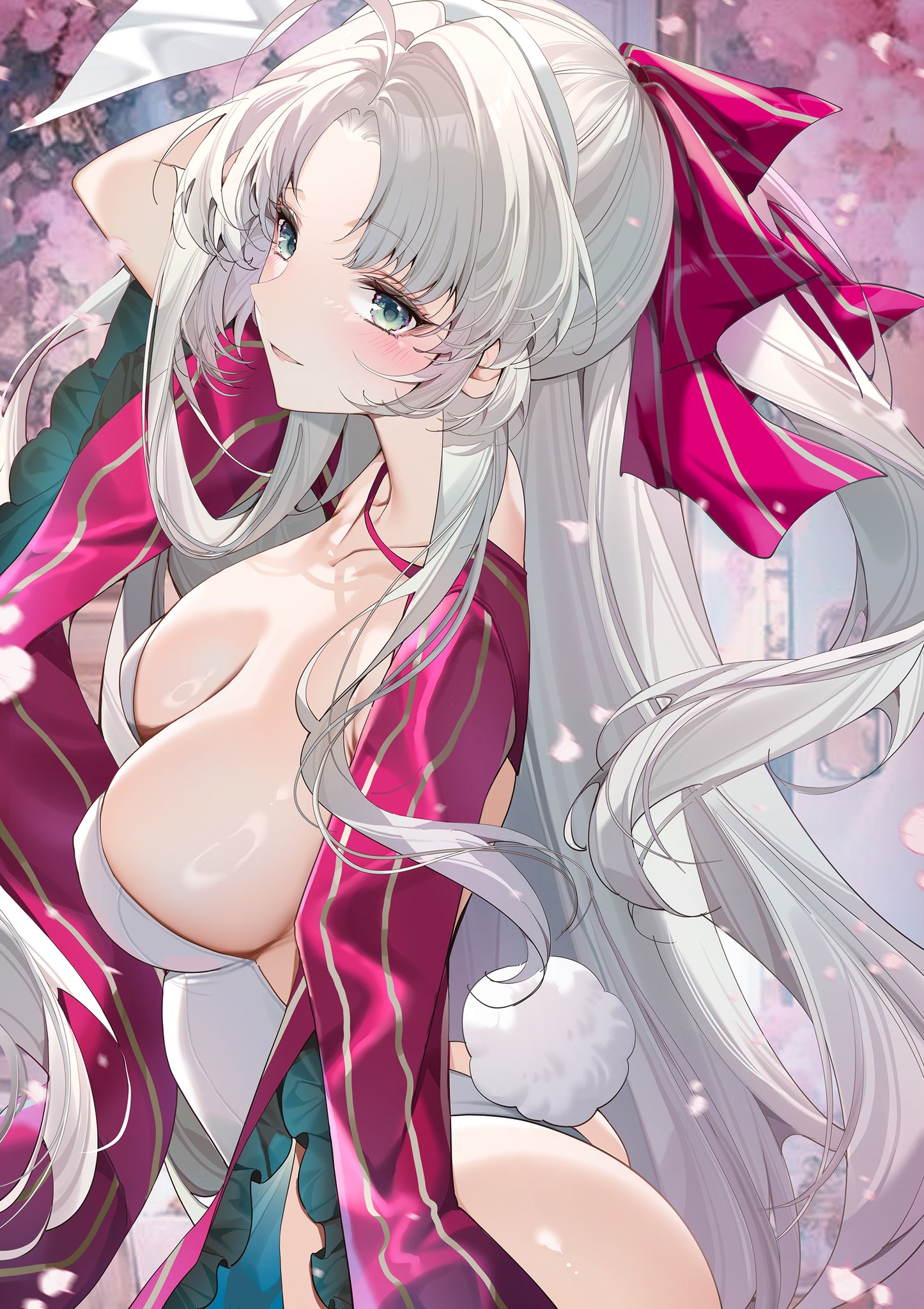 1girls, breasts out, bunnysuit, carlotta (wuthering waves), exposed breasts, long hair, sideboob, white bunnysuit, white hair, wuthering waves