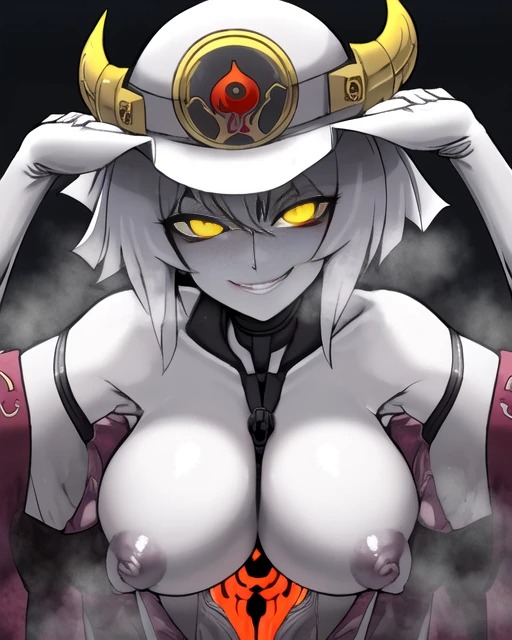 ai_generated evil_smile fog foggy foggy_background original_character priestess short_hair short_hair_female white_hair yellow_eyes