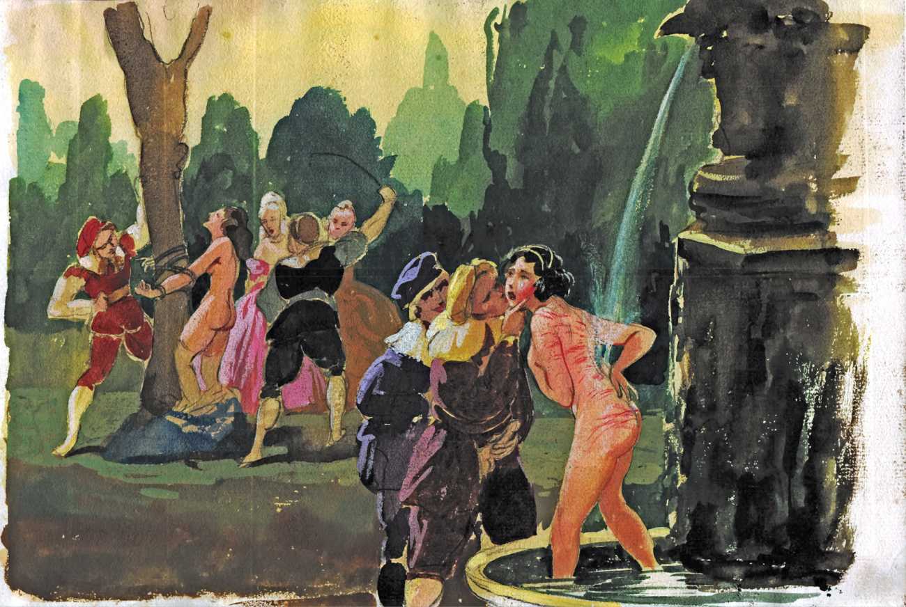 1910s 3girls aroldo_bonzagni ass bondage crying flogging fountain multiple_girls nude_female renaissance side_view tears tied_to_tree traditional_media_(artwork) vintage watercolor_(artwork) whip whip_marks whipped_ass whipping