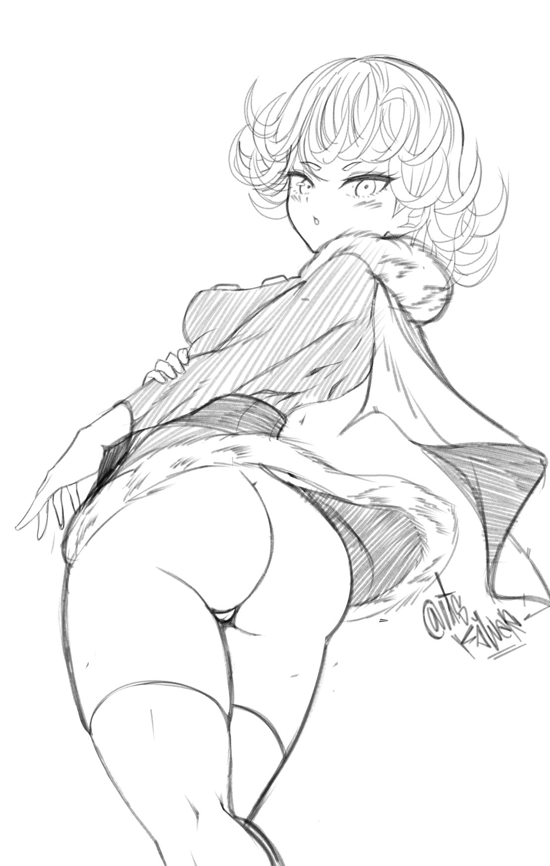 1girls artist_name ass ass_focus blush bottomless female female_only innie_pussy itskawer kaw3r large_ass looking_back monochrome no_panties one-punch_man rear_view signature sketch small_breasts solo tatsumaki