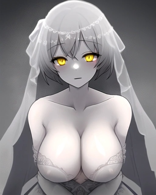 ai_generated cleavage fog foggy foggy_background ghost ghost_girl ghostly gray_background original_character wedding_dress wedding_veil white_hair yellow_eyes