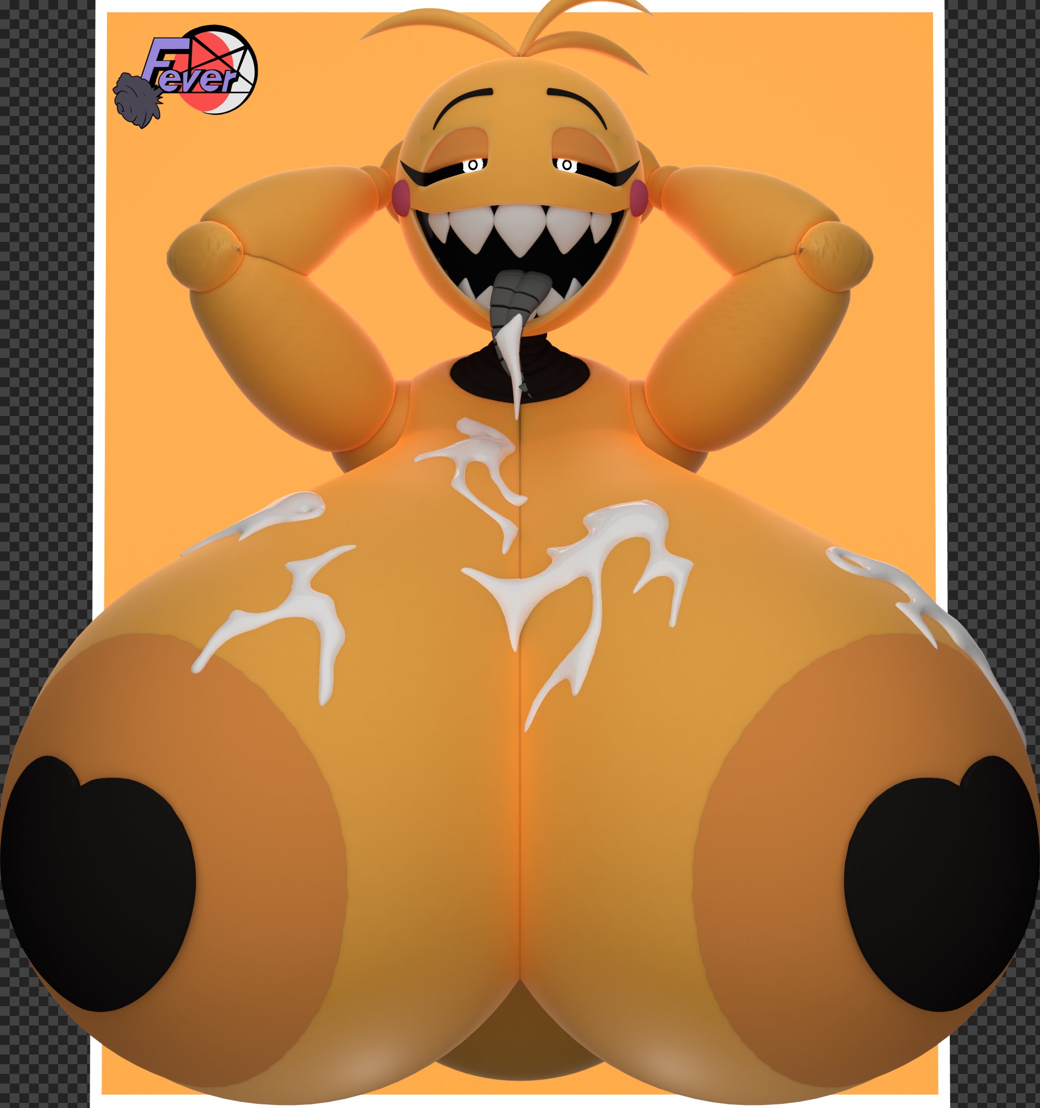 1girls, animatronic, areolae, bodily fluids, breasts, busty, cum, cum drip, cum in mouth, cum on body, cum on breasts, cum on face, female, female only, feversfm, five nights at freddy's, five nights at freddy's 2, heart-shaped pupils, hyper, looking at viewer, metal tongue, open mouth, panties, scottgames, sharp teeth, solo, solo female, solo focus, tall, tongue, tongue out, toy chica (cyanu), toy chica (fnaf), yellow body, yellow skin