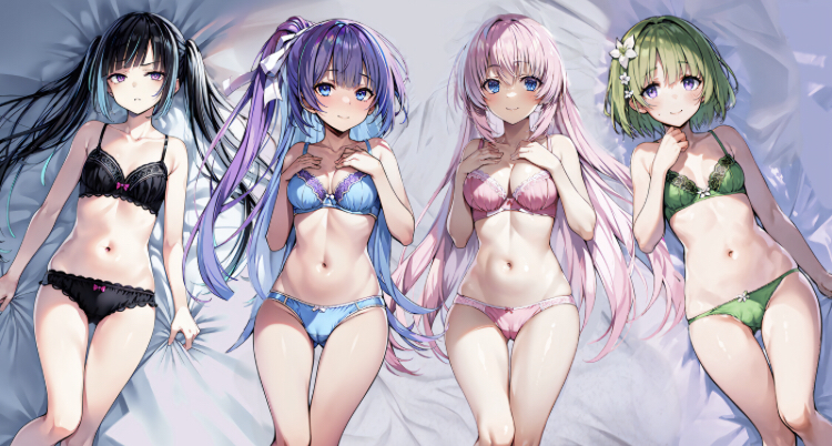 4girls ai_generated amikura_mako belly_button black_bra black_hair black_panties blank_stare blue_bra blue_eyes blue_highlights blue_panties blushing blushing_female classroom_of_the_elite female_focus female_only grabbing_sheets green_bra green_hair green_panties himeno_yuki_(cote) ichinose_honami_(cote) laying_on_bed looking_at_viewer pink_bra pink_hair pink_panties purple_eyes purple_hair ribbon_panties schoolgirl shiranami_chihiro smiling_at_viewer stomach white_hair_ribbon wsax