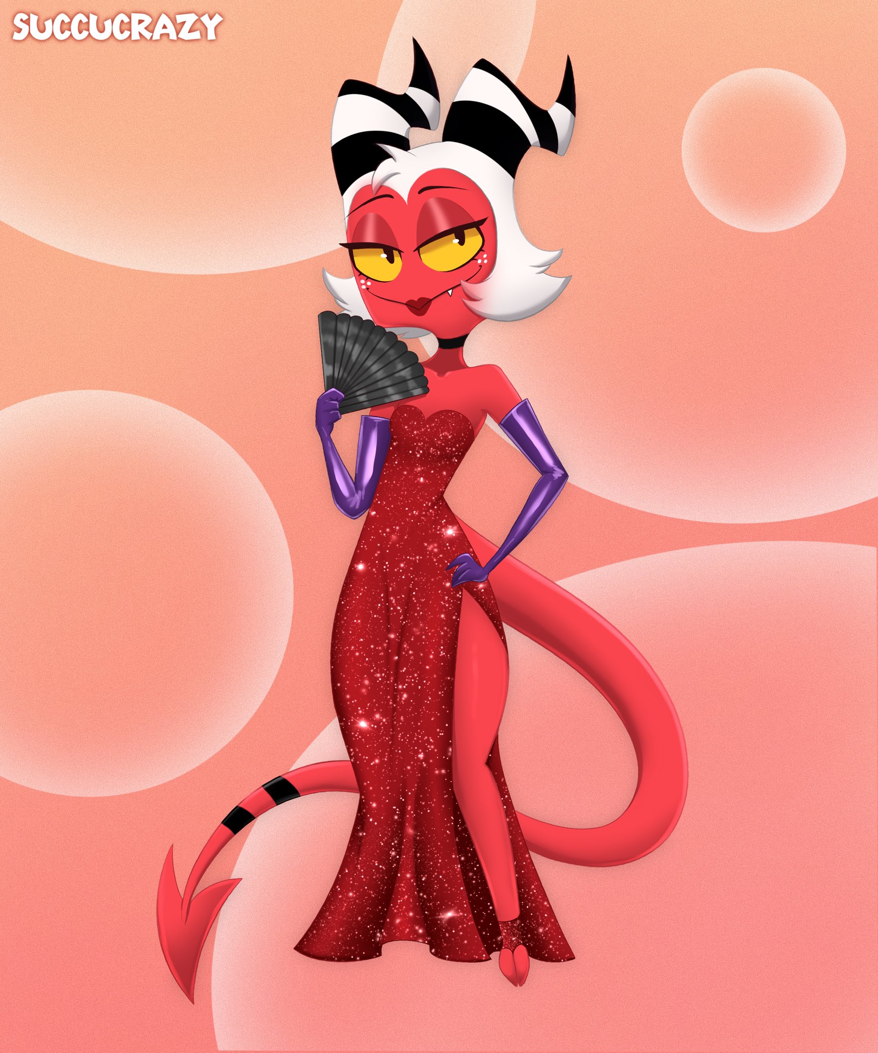 crossdressing, crossgender, dress, femboy, genderswap, helluva boss, horns, jessica rabbit (cosplay), makeup, male, moxxie (helluva boss), no humans, non-human, non-human only, red dress, rule 63, succucrazy, tail, yellow eyes