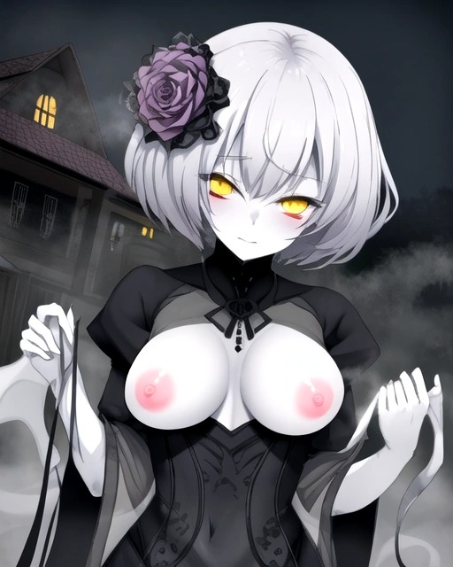 ai_generated breasts breasts_out flower flower_in_hair fog foggy foggy_background ghost ghost_girl ghostly haunted_house original_character pink_nipples white_hair yellow_eyes