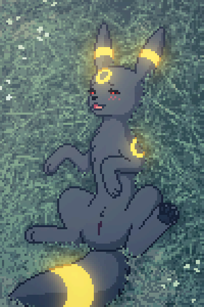 1girls 2017 bedroom_eyes black_fur blush digital_media_(artwork) ears_up eeveelution female feral flower fur furry fuzzled glowing glowing_markings grass half-closed_eyes lying markings nintendo on_back open_mouth pixel_art plant pokemon pokemon_gsc presenting presenting_pussy pussy seductive smile solo spread_legs spreading submissive umbreon video_games yellow_markings