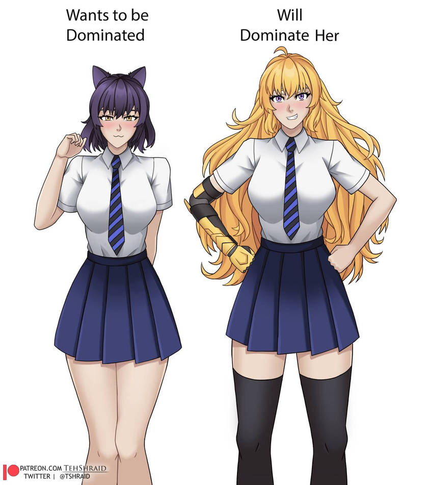 2girls black_hair black_hair_female blake_belladonna blonde_female blonde_hair faunus female female_only long_hair long_hair_female meme multiple_girls purple_eyes robotic_arm rwby school_uniform schoolgirl skirt teenager tehshraid yang_xiao_long yellow_eyes