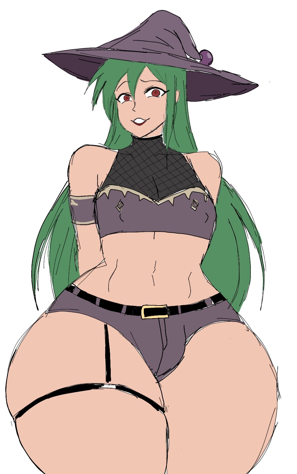 big_hips booty_shorts bulge bulge_through_clothing crop_top female femboy futanari girly green_(original) green_hair hat long_hair momiji_(artist) original plump_thighs red_eyes solo tagme thick_thighs trap wide_hips witch witch_costume witch_hat