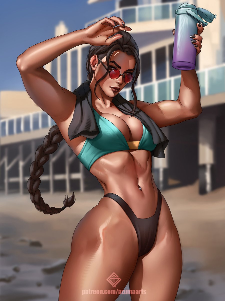 ass, aviator sunglasses, azuma yasuo, azumaarts, belly button piercing, big ass, big breasts, bikini, braided ponytail, breasts, british, british female, female, high waisted thong, high-waisted thong, lara croft, lara croft (classic), looking over eyewear, looking over glasses, looking over sunglasses, navel piercing, pierced belly button, pierced navel, ponytail, red-tinted eyewear, sunglasses, swimsuit, thick thighs, thong, thong bikini, tinted eyewear, tomb raider, tomb raider (classic)