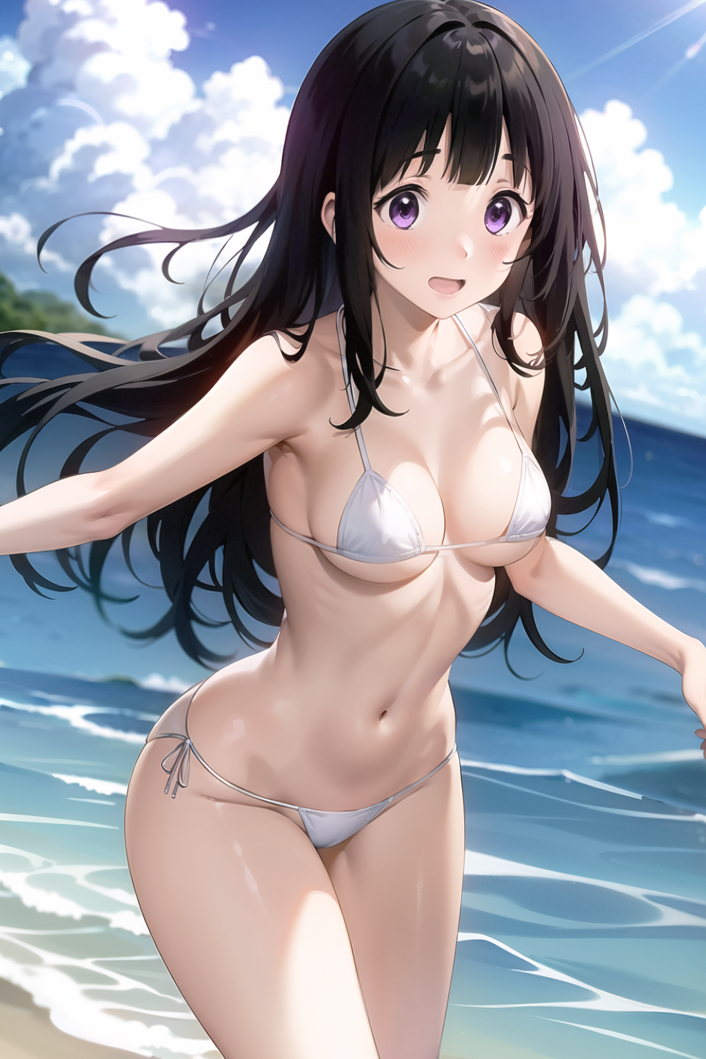 ai_generated bangs black_hair breasts chitanda_eru cleavage embarrassed female female_focus female_only hyouka purple_eyes shy stable_diffusion