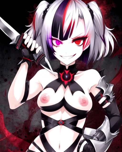 ai_generated colorful_hair crazy crazy_eyes evil_grin goth goth_girl gothic gothic_girl heterochromia knife looking_at_viewer original_character pink_nipples twintails