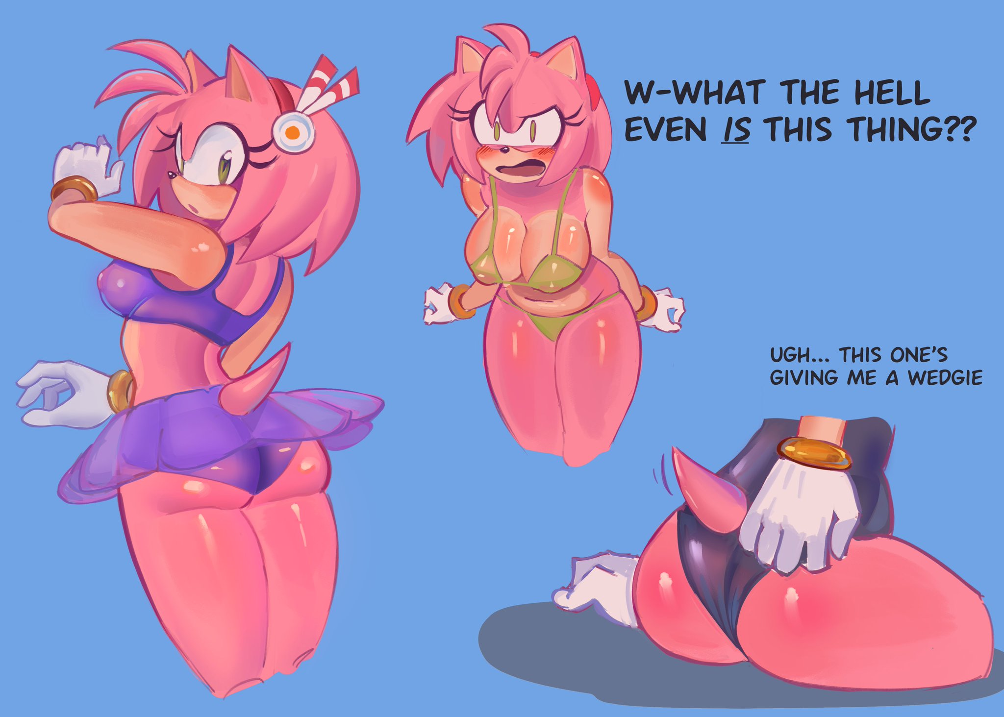 1girls, amy rose, angry expression, ass, big ass, big breasts, bikini, blush, bra, bracelet, breasts, dialogue, female, flustered, furry, gloves, hairband, hanabimiya, nipples visible through clothing, sega, sitting, skirt, sonic (series), sonic the hedgehog (series), swimwear, tomboy, translucent clothing, tsumimuri, underwear, wedgie