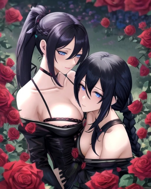 2girls ai_generated big_sister black_hair blue_eyes garden little_sister original_character pale-skinned_female pale_skin roses sisters